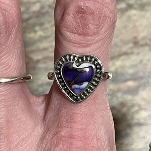 Sterling Silver Genuine Purple And White Turquoise Heart  Ring